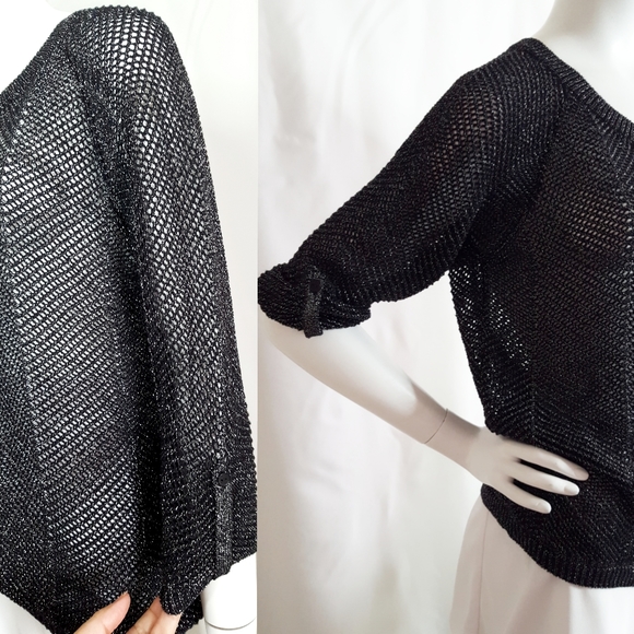 🔖P. Nygard🖤Fishnet Knit Sweater Top w/ 3/4 Sleeves Scoop Neck - Picture 5 of 11